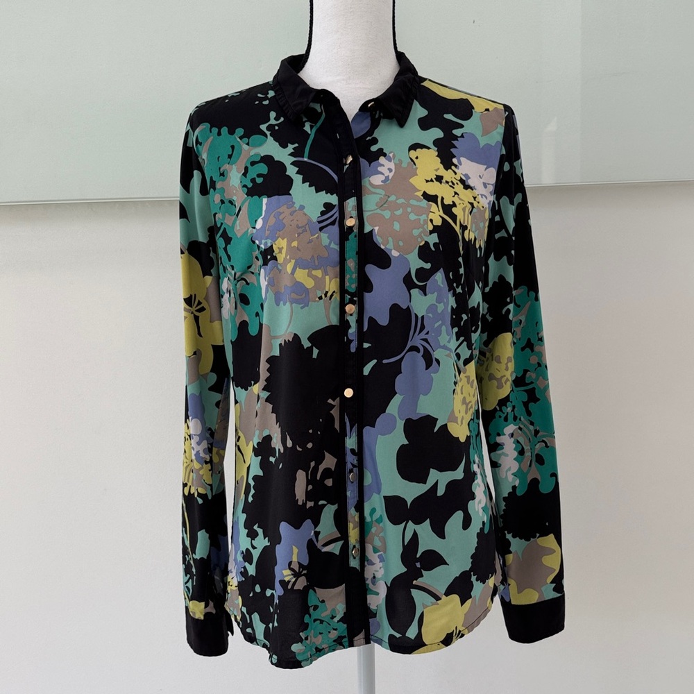Worthington Black Multicolor Floral Button-Up Blouse